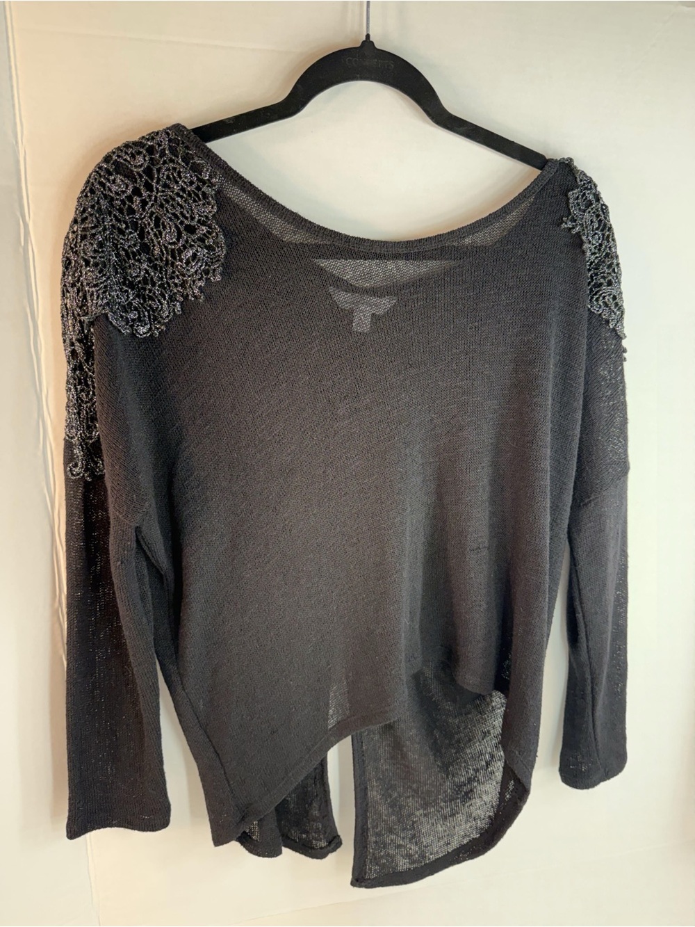Charming Charlie Black Lightweight Knit Top with Lace Shoulder Detail